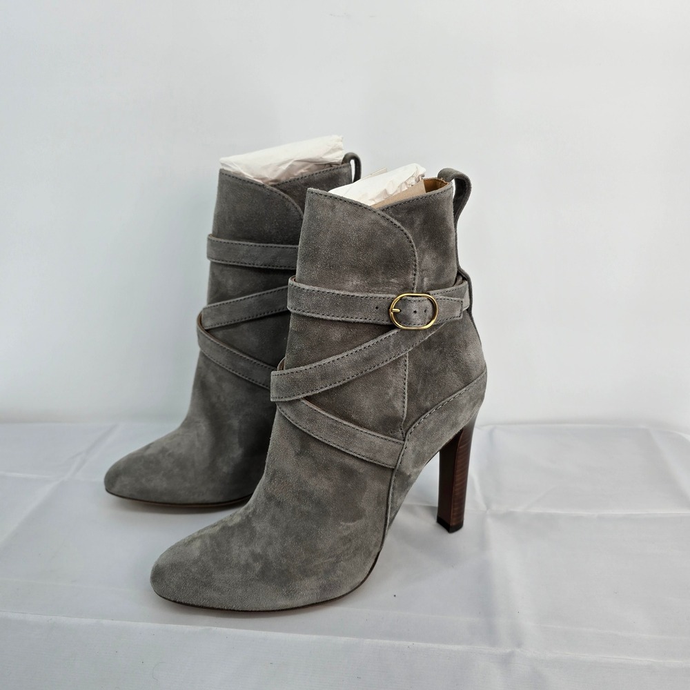 Ralph Lauren Purple Label Kourtney Gray Suede Buckle Strap Ankle Boots 37.5 New
